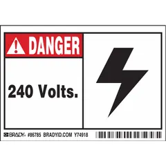 Polyester adhesive sign with Danger: 240 Volts legend. Nominal size 3 1/2 in x 5 in, thickness 0.01 in. Not retroreflective, not glow-in-the-dark, no anti-slip surface. Supplied as a 5-pack. Suitable for marking electrical panels and equipment requiring voltage warning.