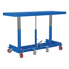 Manual post-lift table with a 72-inch long by 20 1/4-inch wide steel platform. Hydraulic lift mechanism operated by hand for raising loads up to 2,000 lb. Suitable for positioning and transporting long or bulky items in warehouses and manufacturing facilities.