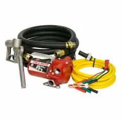 Portable 12 V DC fuel transfer pump with 1/6 hp motor, delivering up to 8 gpm. Includes hose and nozzle; meter not included. Suitable for transferring diesel, kerosene, and other non-flammable fluids from drums or tanks in agricultural, construction, and fleet maintenance applications.