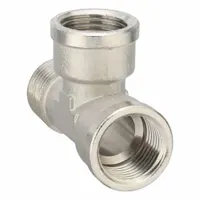Threaded medium-pressure pipe tee with three 1/2 in female connections. Constructed from nickel-plated brass for corrosion resistance. Rated for maximum operating pressure of 870 psi. Overall length 2 17/32 in. Used to split or combine fluid flow in piping systems