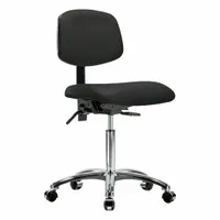 This armless vinyl lab chair features an aluminum base and adjustable height from 21 1/2 in to 29 in. Seat width is 18 1/2 in, depth 17 in. Back tilts forward 10.5° and backward 13.5°. Not ESD safe, no foot support. Suitable for laboratory and industrial workstations where static control is not required