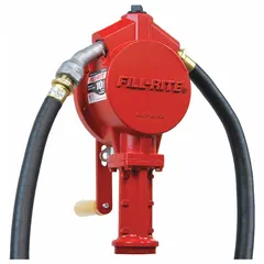 Manual rotary-action pump with aluminum body, delivering 12.8 oz per stroke. Includes hose, manual aluminum nozzle, and bung for drum mounting. Buna-N seals and steel suction tube. Used for transferring diesel, kerosene, or similar non-aggressive fluids in agricultural, construction, and fleet maintenance settings.