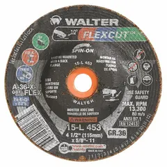 General purpose grinding wheel for carbon and stainless steel. Type 29 depressed center design for surface blending, weld removal, and edge chamfering. Dimensions: 4-1/2" diameter, 1/4" thickness, 5/8"-11 arbor. Part of the Flexcut series.