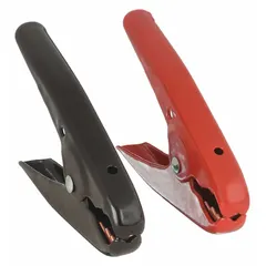 Booster clamp with parrot jaw design for secure grip on battery terminals. Steel contacts and vinyl insulation. Rated for 500 A max current and 12V/24V systems. Accepts 1 to 4 AWG cable. Includes screw for connection. Used for jump-starting vehicles and equipment.