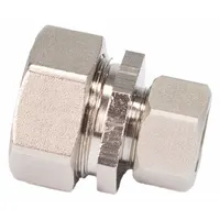Brass compression tube fitting for compressed air systems. Compression x Compression configuration connects tubes of 1-1/4 in OD and 5/8 in OD. Used in pneumatic tubing installations requiring a coupling between different tube sizes
