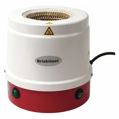 Metal-housed heating mantle for 500 mL round flasks. Features a plastic mantle material and metal housing. Maximum temperature 450°C, power 220 W. Controller required but not included. Suitable for heating round-bottom flasks in laboratory applications such as distillation, extraction, and reflux.