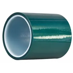 This polyester film tape with silicone adhesive withstands elevated temperatures for masking during powder coating, paint baking, and wave soldering. It provides clean removal without residue. The green color aids visual identification. Suitable for industrial processes requiring heat resistance.