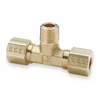 Brass compression tee fitting with standard sleeve design for joining three tubing lines in a T-configuration. Suitable for fluid or air systems in instrumentation, pneumatic controls, and hydraulic circuits. Supplied in a 10-pack