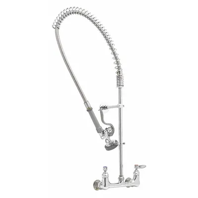 T&S BRASS Pre Rinse Faucet: Wall, Widespread, 2 Mounting Holes, Brass, Chrome - Pre-Rinse Faucets with Spray Spring Hose