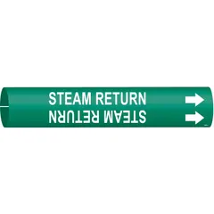 Snap-on pipe marker for identifying steam return lines in piping systems. Green background with white legend and directional arrows. Fits pipe outer diameters of 4 to 6 inches. Supplied as a single marker.