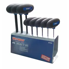 This 8-piece T-shaped hex key set includes metric and standard end keys with a long reach for accessing recessed fasteners. The black oxide finish provides corrosion resistance. Keys are organized in a storage holder for workshop, automotive, and mechanical assembly tasks.