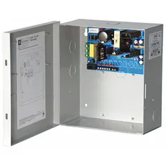 Steel-enclosed power supply board providing regulated 12VDC output at 5A from a 115/230V AC input. Suitable for powering control panels, security systems, and access control equipment in commercial and industrial facilities.