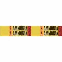 These adhesive pipe markers are designed for identifying liquid ammonia (LIQ) lines in industrial refrigeration systems. Rated for high pressure per IIAR standards, each marker fits pipe outer diameters from 3/4 to 2-3/8 inches. Supplied in packs of four markers without directional arrows, they provide clear labeling for ammonia piping in compliance with industry requirements.