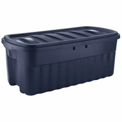 RUBBERMAID Storage Tote: 50 gal, 43 in x 21 1/4 in x 17 7/8 in, Dark Blue/Metallic Body - Colored Totes with Snap-On Lids