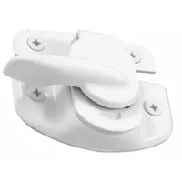 This non-handed sweep-style window lock is designed for single-hung windows. It mounts on the sash and includes a handle for secure closure. The lock features a white painted finish and has an overall length of 25/32 in
