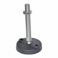 This vibration-damping male leveling mount features an M20 thread size and 110 mm length, with a load capacity of 12,010.2 N. It includes a round base, a rubber thrust pad, and mounting holes. Used for leveling and stabilizing industrial machinery such as pumps and compressors while reducing vibration