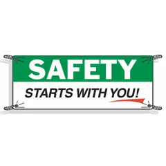 This polyethylene banner is printed on one side and rated for indoor and outdoor use. With a nominal size of 48 inches by 120 inches, it is suitable for safety awareness and motivational messaging in industrial facilities.