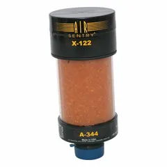 Desiccant breather for hydraulic tank reservoirs in high-humidity and high-dust environments. Features a 2 micron rating, 2" MNPT inlet, replaceable silica gel cartridge, and an included check valve. No indicating gauge.