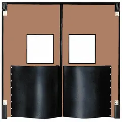 Two-door insulated swinging door with brown polyethylene construction and an included polycarbonate window. Designed for temperature-controlled environments, it meets USDA standards and comes with door seals, bumpers, and mounting hardware. Suitable for applications requiring thermal separation and hygiene.