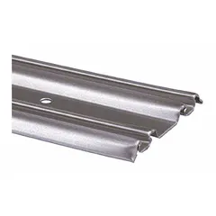 This bottom-mount hanging door track from PRIME-LINE is designed for light-duty sliding door systems. It measures 4 ft in length, 2 9/16 in width, and 1/4 in height, supporting doors up to 5 lb. Suitable for residential or commercial applications requiring a compact, low-profile track for bottom-guided door movement.