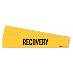Yellow adhesive pipe marker with black 'Recovery' legend, designed for pipe outer diameters from 2-1/2 to 7-7/8 inches. Each pack contains 5 markers without arrows, suitable for identifying recovery piping in industrial facilities.