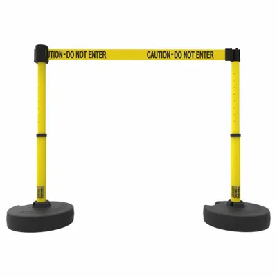 BANNER STAKES Belt Barrier System: 42 in Post Ht, 15 ft Belt Lg, Black/Yellow, 2 No. of Posts - Retractable Belt Barrier Systems