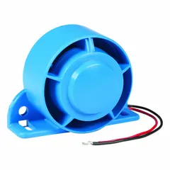 Multi-frequency backup alarm with 97 dB max sound level, suitable for industrial vehicles and equipment. Operates on 12-24V DC, features a bolt mount and blunt cut connector, and measures 2 inches in length. SAE Type C rated for reverse-motion safety applications.