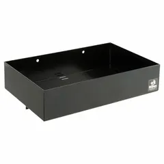 Steel gas can rack with black finish, designed for trailer frame-mount installation. Includes a secure strap to hold gas cans in place. Overall height 4 inches. Suitable for transporting fuel containers on trailers or work vehicles.