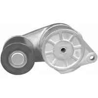 Self-adjusting belt tensioner with one pulley, designed for automatic tensioning of serpentine or accessory drive belts in heavy-duty vehicle applications. Reduces belt slippage and wear under high-load conditions
