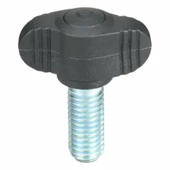 Wing knob with threaded stud for manual clamping, positioning, and adjustment on machinery, fixtures, and industrial equipment. Plastic body with steel M8 thread provides comfortable grip and reliable fastening. Thread length 20 mm, diameter 28 mm.