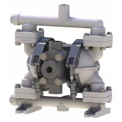 Air-operated double diaphragm pump with PVDF housing for handling corrosive fluids. Features 1/4 in NPT connections, 5 gpm flow rate, and 231 ft maximum head. Includes PP seat and Santoprene check valve. Suitable for chemical transfer and general industrial fluid handling.