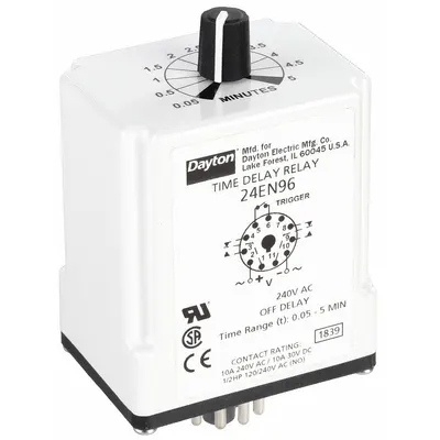Dayton Single Function Time Delay Relay: Socket Mounted, 240V AC, 10 A, 11 Pins/Terminals - Socket-Mounted Relays