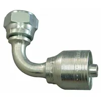 Steel 90° elbow hydraulic crimp fitting with female x genderless connection. Metric M30-2 thread on one end, crimp connection for -12 dash size hose. Used in fluid power systems to route hydraulic lines at a right angle, common in industrial machinery and mobile equipment