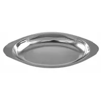 This stainless steel oval dish is designed for preparing and serving oven-baked dishes such as rarebits, gratins, and casseroles. It has a 12 oz capacity and measures 9 1/8 in length, 4 7/8 in width, and 1 in depth. The silver finish is suitable for commercial foodservice use