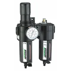 This FRL unit combines filtration, pressure regulation, and mist lubrication for compressed air systems. It filters particulates to 40 micron, handles flows up to 192 cfm, and operates at pressures to 250 psi. Typical applications include pneumatic circuits in industrial machinery and automation equipment.