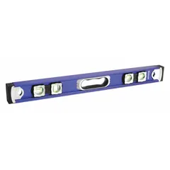 Aluminum frame level with acrylic vials for side-read-only measurement of level, plumb, and 45-degree angles. Overall length 24 inches. Suitable for checking horizontal and vertical alignment in construction, carpentry, and industrial framing applications.