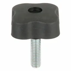 This 4-arm knob with threaded stud is used for manual adjustment, clamping, and positioning on machinery, jigs, and fixtures. It has a 2 in diameter, plastic body with steel thread, and a 3/8"-16 thread size.