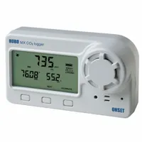 The HOBO MX1102A is a wireless data logger that measures temperature from 32°F to 122°F (0°C to 50°C) and carbon dioxide levels. It features a Find Me Pager for easy location and a wireless interface for data retrieval. Software is available separately. Typical applications include indoor environmental monitoring in commercial buildings and HVAC systems