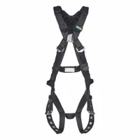 This MSA vest-style harness is arc-flash rated for fall arrest in environments with electrical arc hazards. It features a quick-connect/tongue buckle, steel D-rings, and friction adjusters, with a 400 lb weight capacity and a back D-ring. Suitable for general industrial use, including oil and gas applications