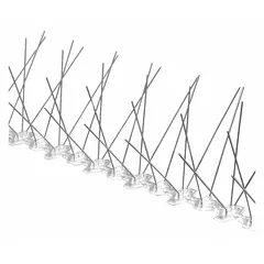 Plastic base bird spikes with stainless steel spikes, 100 ft overall length and 5 in overall width. Designed for standard ledges to deter pigeons from landing on flat surfaces such as ledges, roofs, and building projections.
