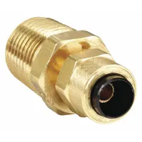 Brass compression fitting with creep-resistant self-aligning design for connecting 1/4 in OD tubing to 1/4 in male NPT threaded ports. Type Compression x MNPT. Suitable for pneumatic, hydraulic, and instrumentation systems where leak-tight seals are required under thermal cycling and vibration. Supplied in a 10-pack