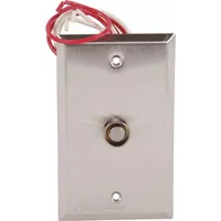 Momentary contact push button for releasing doors in access control systems. Features a silver stainless steel finish and gray color. Commonly installed on the secure side of a door to allow egress in commercial and industrial facilities
