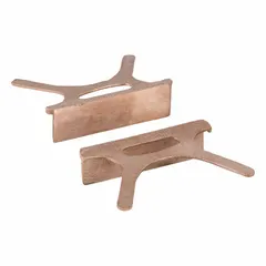Pair of copper hammer-on vise jaw caps for 4 1/2 in vise jaw width. Copper material protects delicate workpieces from marring during clamping. Suitable for permanent or temporary workholding in machining, assembly, or repair tasks.