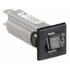 Snap-in bezel mounted miniature circuit breaker with rocker actuator. Rated 10 A at 125/250 V AC or 50 V DC. Terminals are 1/4 in tab type. Overall depth 2.23 in. Used for overcurrent protection in control panels, HVAC equipment, and power distribution systems.