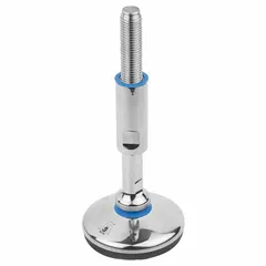 This hygienic male leveling mount features a polished finish and round base, with M24 thread size and 120 mm length. It supports a load capacity of 30 kN. Used for leveling and height adjustment of industrial machinery, conveyors, and workstations on uneven floors.