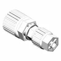 PFA compression tube fitting with compression x compression configuration for connecting two 1/4 in OD tubes. Suitable for high-purity fluid systems requiring chemical resistance and cleanliness. Complies with RoHS_6 and RoHS_10 standards