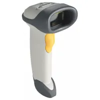 This ZEBRA corded barcode scanner is a 1D scanner with keyboard wedge connection, including a USB cable and scanner cable. It is white and comes with a gooseneck stand for hands-free operation. Typical applications include point-of-sale checkout and inventory scanning in retail and hospitality settings
