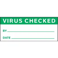 Inspection Label: Virus Checked By, 1 1/2 in Wd, 5/8 in Ht, Green/White, Laminated, Indoor, 350 PK (MPN TCSL2-21017)