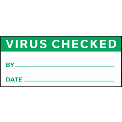 STRANCO Inspection Label: Virus Checked By, 1 1/2 in Wd, 5/8 in Ht, Green/White - Safety