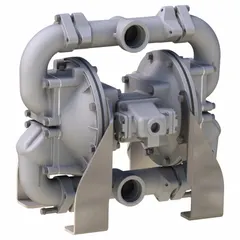 This air-operated double diaphragm pump features a cast iron housing with 2-inch NPT connections and a flow capacity of 208 gpm. It is equipped with a stainless steel seat and 316 stainless steel check valve material. Suitable for transferring abrasive, viscous, or solids-laden fluids in industrial processes.